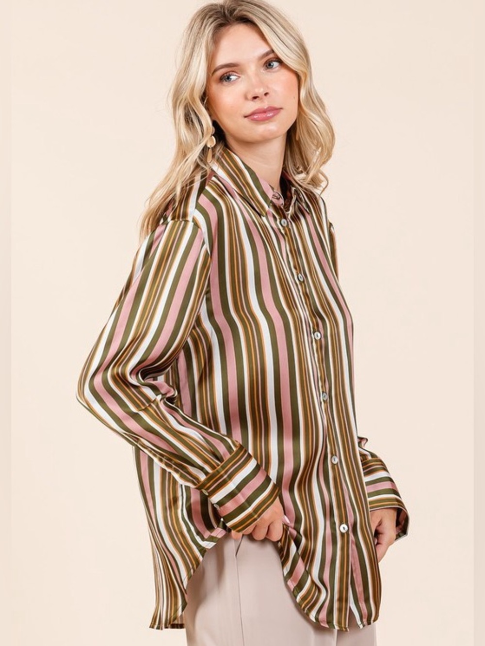💕Striped Satin Button-Up Shirt - Olive & Pink